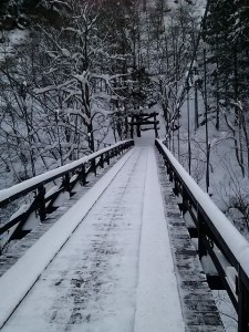 白骨温泉　雪の吊り橋写真